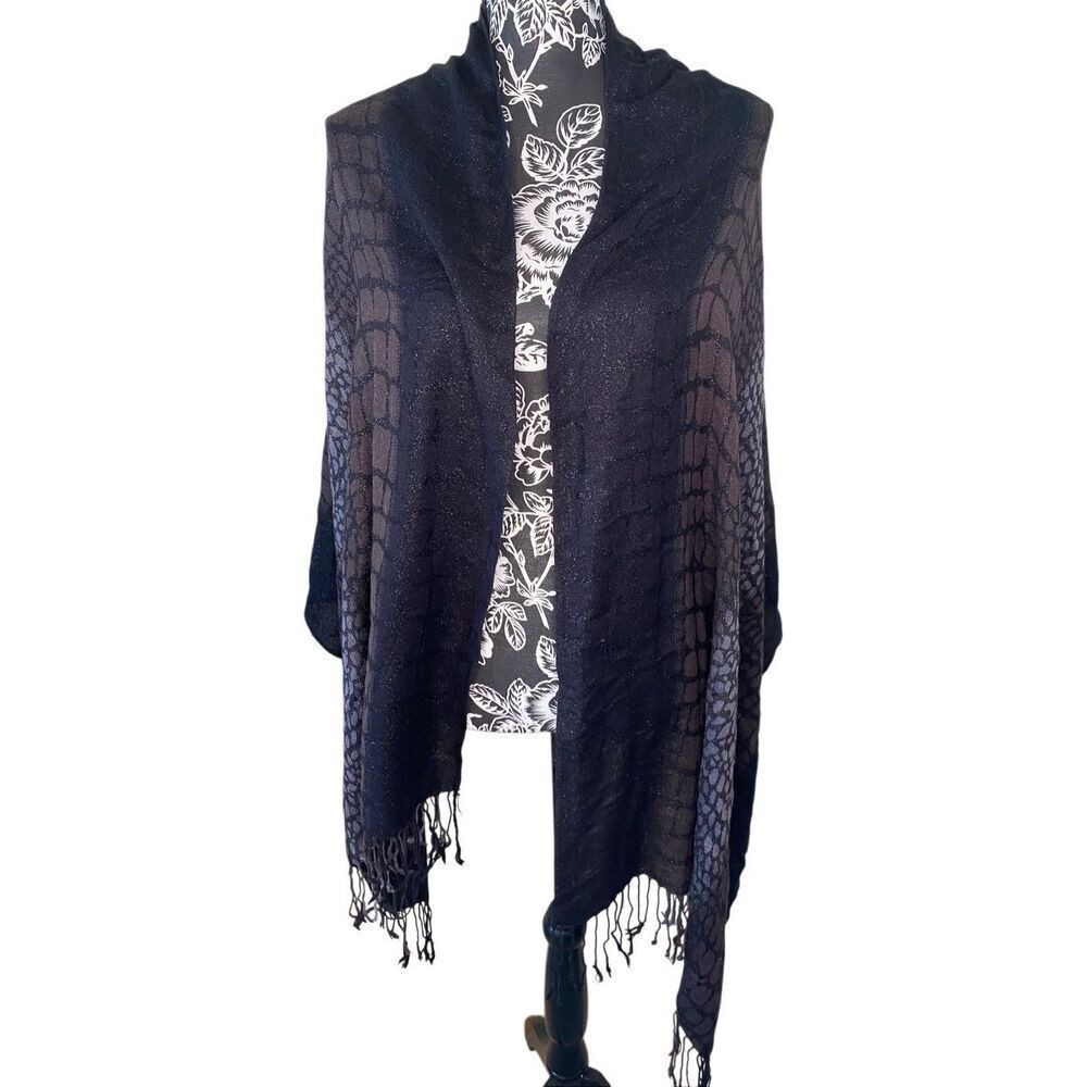 Black Gray Animal Print Lightweight Shawl Scarf Ombre Wrap Metallic Fringe - Picture 3 of 10